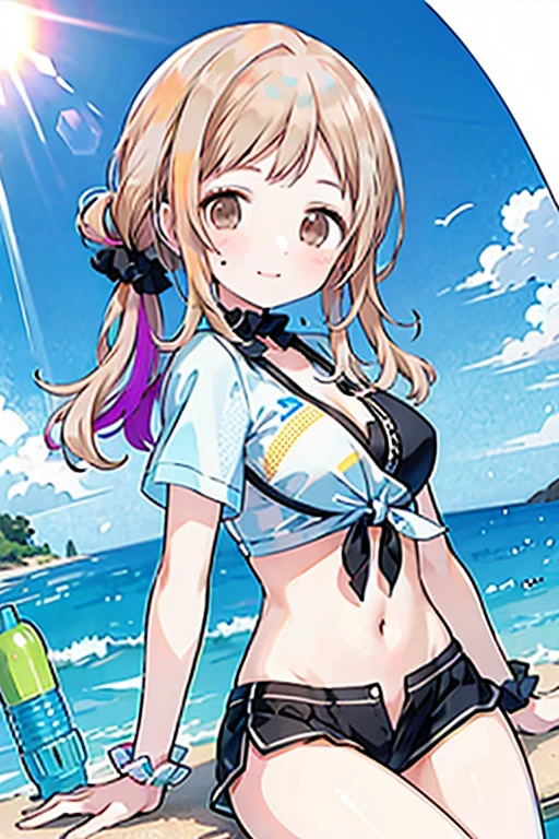 Tropical Dream Bud,Tropical Dream Bud　sss Dynazenon ,Brown Hair,Long Hair,Green Eyes,smile,blush,Hibiscus hair accessory,Blue bikini swimsuit,barefoot,Oversized T-shirt,break outdoors, Beach,
break looking at viewer,whole body, (Cowboy Shot:1.5),
break (masterpiece:1.2), Highest quality, High resolution, unity 8k wallpaper, (figure:0.8), (Beautiful fine details:1.6), Highly detailed face, Perfect lighting, Highly detailed CG, (Perfect hands, Perfect Anatomy),
