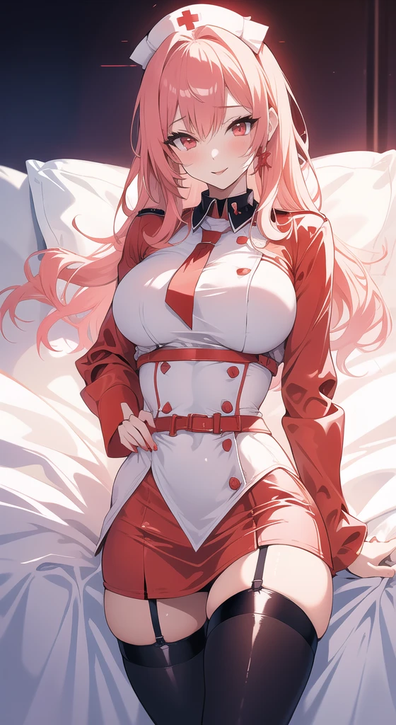zero two \(darling on franxx\), darling on franxx, 1girl, fringe, bite, from behind, lying down, bed, shadow, green eyes, horns, long hair, looking at the viewer, small breasts, big ass, makeup, red bodysuit, pink hair, red eyeshadow, tight skin, solo