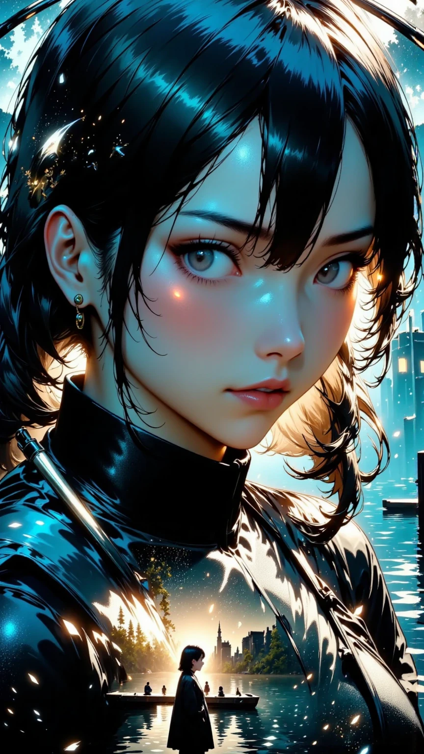 (Highest quality,4K,8k,High resolution,masterpiece:1.2),Very detailed,(Realistic,photoRealistic,photo-Realistic:1.37),A girl walking on the edge of a skyscraper,whole body,sexy,Black skin color,figure,Metallic texture,Long and shiny hair,Sharp Eyes,Strong posture,urban landscape background,geometric shapes,Complex architecture,Dramatic lighting,High Contrast,Dynamic Perspective,Vibrant colors,Edgy Style,Tense atmosphere,urban environment,Night view