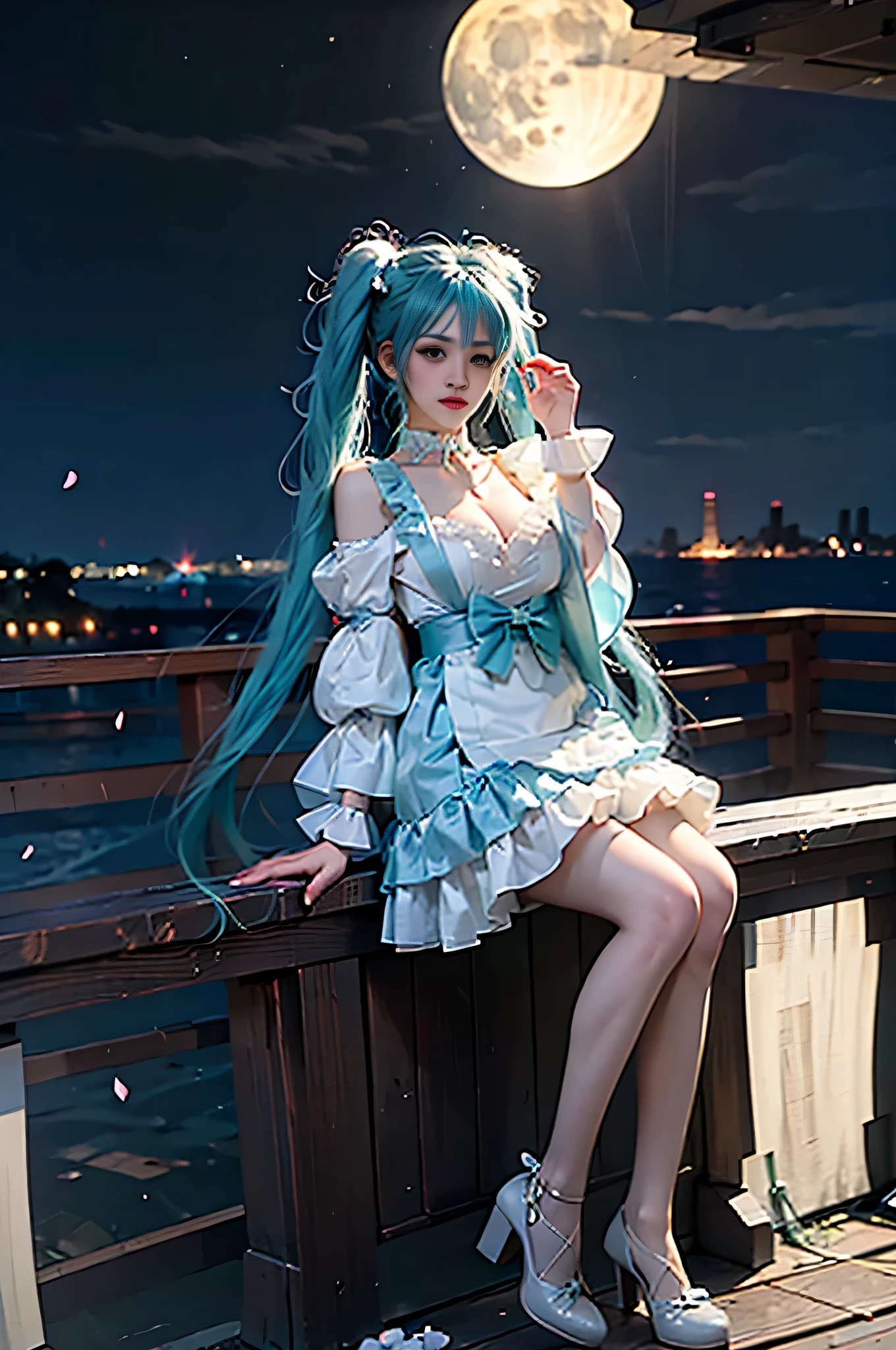 "((巨作)),The picture quality is impeccable,Super detail,Action-packed anime girl,Wearing a white and ultra-short dress,Blue hair fluttering,She is Hatsune Miku!High-definition animation illustrations present a fresh and cute art style,The soft tone creates a sense of well-being。Large breasted type,The curvy beauty is fascinating,Moe expression is also good。(mikudayo:1.1)"