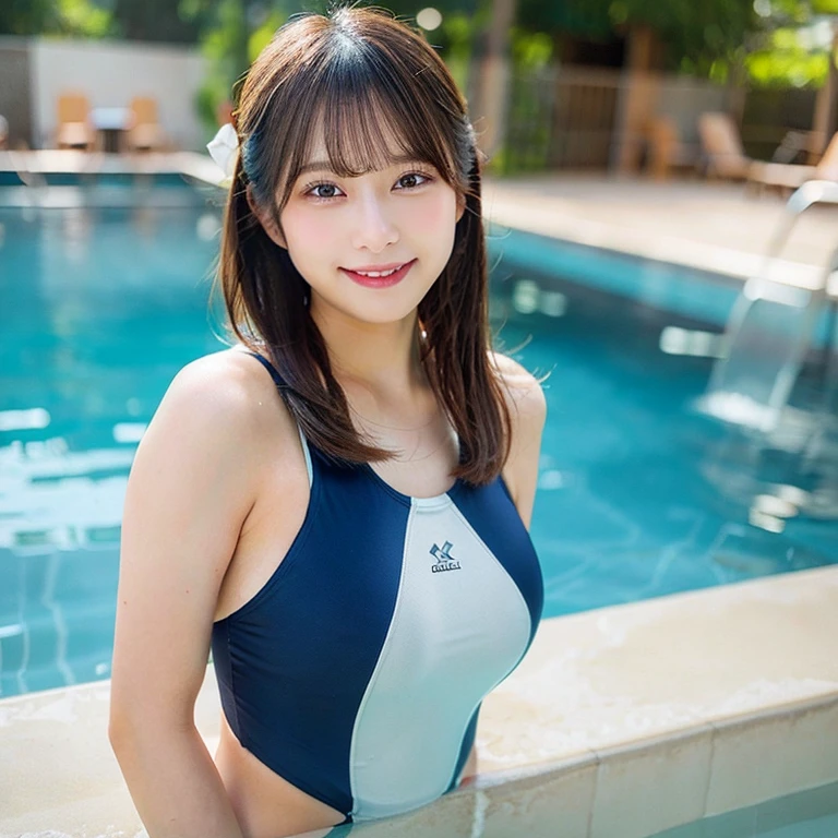 School Swimsuit、(8K、Raw photography、top-quality、masterpiece:1.2)、(realisitic、Photorealsitic:1.37)、Ultra-detail、超A high resolution、1 girl、see the beholder、beautifull detailed face、A smile、Constriction、(Slim waist) :1.3)、Beautiful detailed skin、School Swimsuit,,Blushing、Pale brown eyes、Brown Hair、Semi-long hair、Head to toe full body、Blushing、Embarrassed look、Composition from the front、A view from slightly below、school swimwear、Acme Face、Random pose、, 、nsfw、Highest quality、1 girl、solo、Ocean、Sandy Beach、Sexy pose、Random pose、Blushing、Wet、Embarrassed、I can see half of my boobs、、One piece swimsuit、(Strap slip:1.3)、School Swimsuit