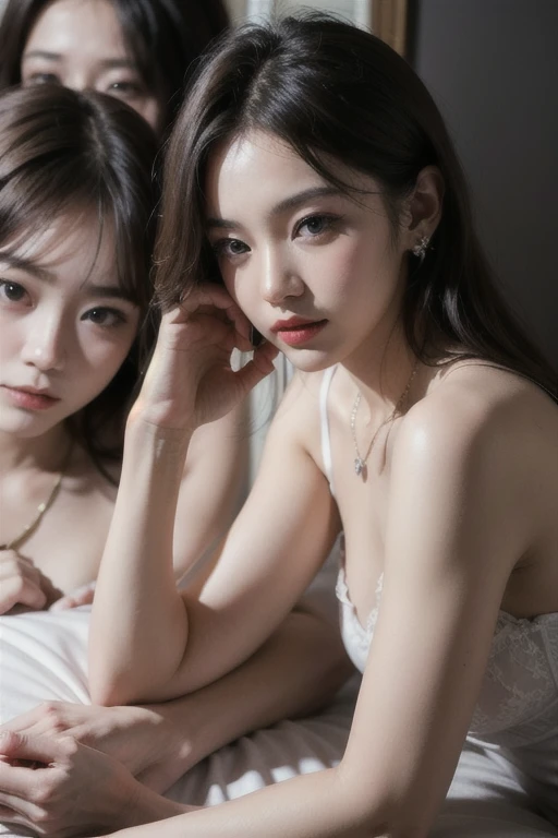 (((best quality))),(((ultra detailed))),(((masterpiece))),illustration,1girl,solo,slim,thin,small breasts,flat chest,shoulder length straight hair,lace cheongsam-nightgown,dead of night,pitch-dark bedroom,silicone doll appearance,porcelain skin,long lashes,delicate features,soft ambient lighting,ethereal aura,intricate lace details,elegance,mystery,delicate collarbones,slender waist,dark luxurious sheets,intimate ambiance,poisoned coffee,chilling moment,beauty and danger,captivating dichotomy,unsettling visual,lying flat on back on the bed,(((close eyes,open mouth,female orgasmic,ahegao,blush))),((from above,top view)),