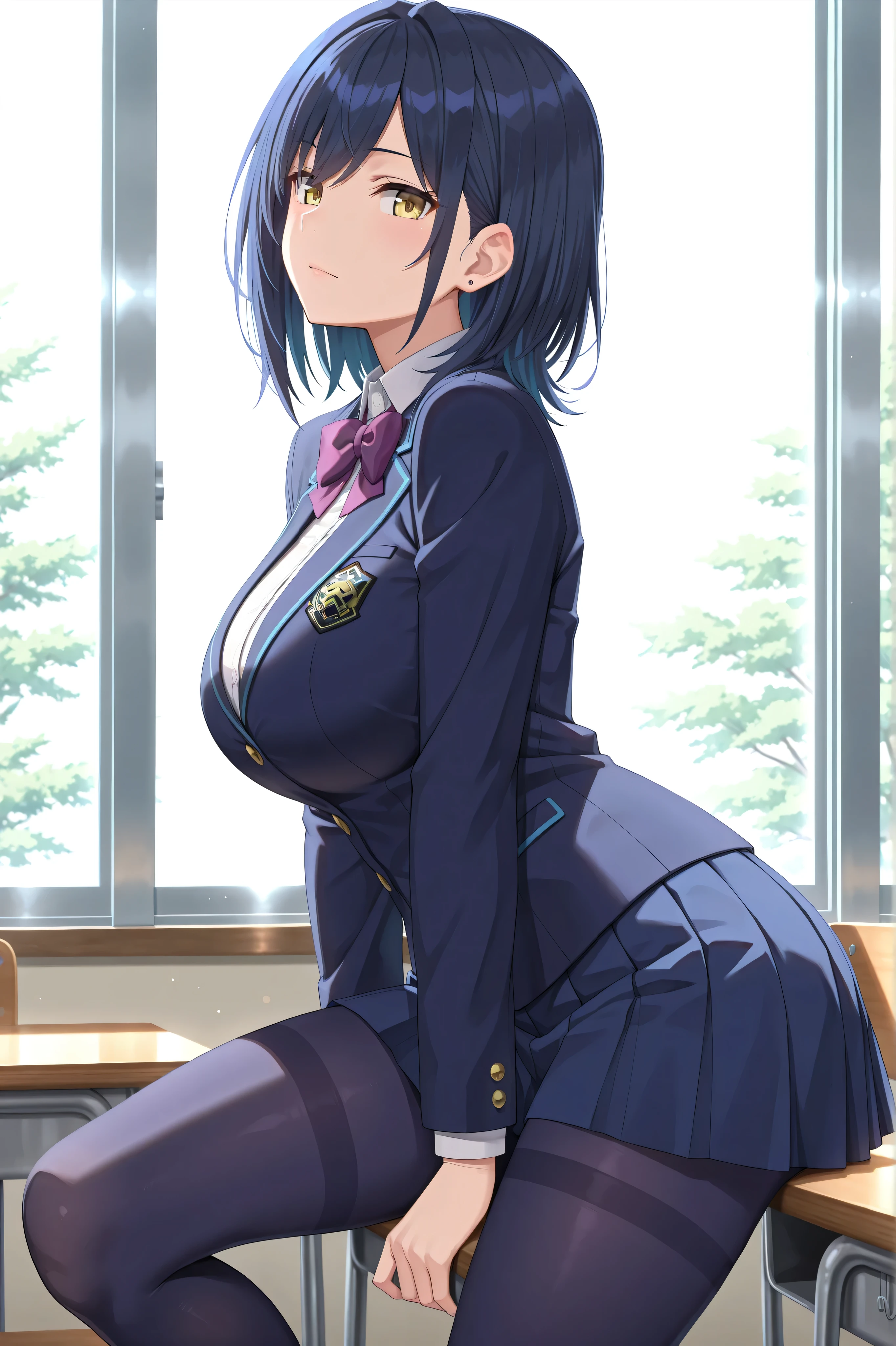 solo,masterpiece,best quality, amazing quality, highres, absurdres, very aesthetic, high resolution, ultra detailed, perfect details,nijirin,large breasts,yellow eyes,blue hair,black hair,moles,medium hair,nijirincos,white shirt,collared shirt,purple bowtie,blazer jacket,blue jacket,closed jacket,blue skirt,miniskirt,pleated skirt,dark blue pantyhose,(masterpiece, detailed:1.2)、look at viewer,mature female,anime screencap,