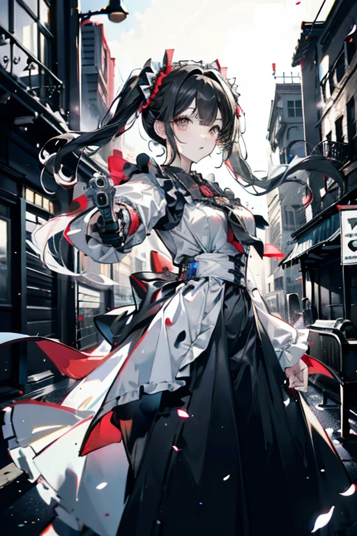 A young girl, 10-year-old, huge breasts, cute, messy black hair, long hair, red eyes, anxious expression, white frilled blouse, black frilled skirt, looking at the viewer, cyborg, cyberpunk, prosthetic arm, hacker, gun, gun holster