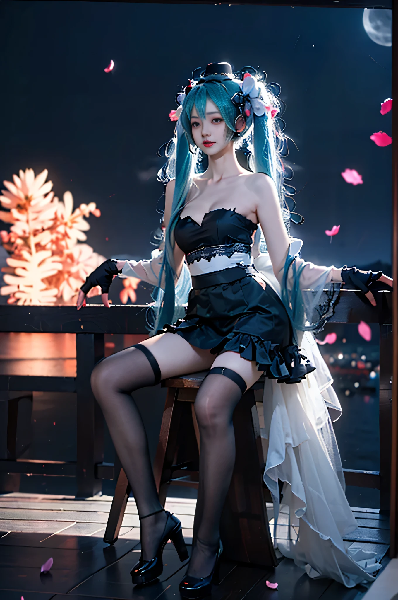masterpiece,Game Art,Best picture quality,Maximum resolution,8k,(Upper Body,ambush),Unreal Engine 5 rendering works,Ray Tracing,RAW photos,(((Hatsune Miku Character))), (((Tosca Hair Color))), ((Long double ponytail hairstyle)), Enjoy the scenery, Focus on the Horizon, (((Perfect eyes))), (((Smile))), 21-year-old girl, Perfect body, (((Perfect anatomical structure))), Tosca Eye Color, Double eyelids, (((Small breasts))), Very detailed skin texture, (Realistic skin), Ultra-fine face, Delicate lips, (((Delicate eyes))), (((Double eyelids))), necklace, Moist skin, Wet hair, Simple background, (Front focus), (On the peaks:1.2), (((Night Atmosphere))), Deep Dark, Surrealist Portraits of Women by David Hockney and Alphonse Mucha, Fantasy Art, (((Photo-realistic))), ((Dynamic poses)), (((World Model Poses))), Dynamic Lighting, Art Station, poster, Volumetric Lighting, Very detailed faces, 4K, in the darkness, (((Night Atmosphere))), ((Deep Shadows)), Low profile, Cowboy shooting, (((Red long skirt))), Lighting Dress, (((Erotic lace dress))), (((stocking))),((3D Unreal Engine)),OC rendering reflection mode