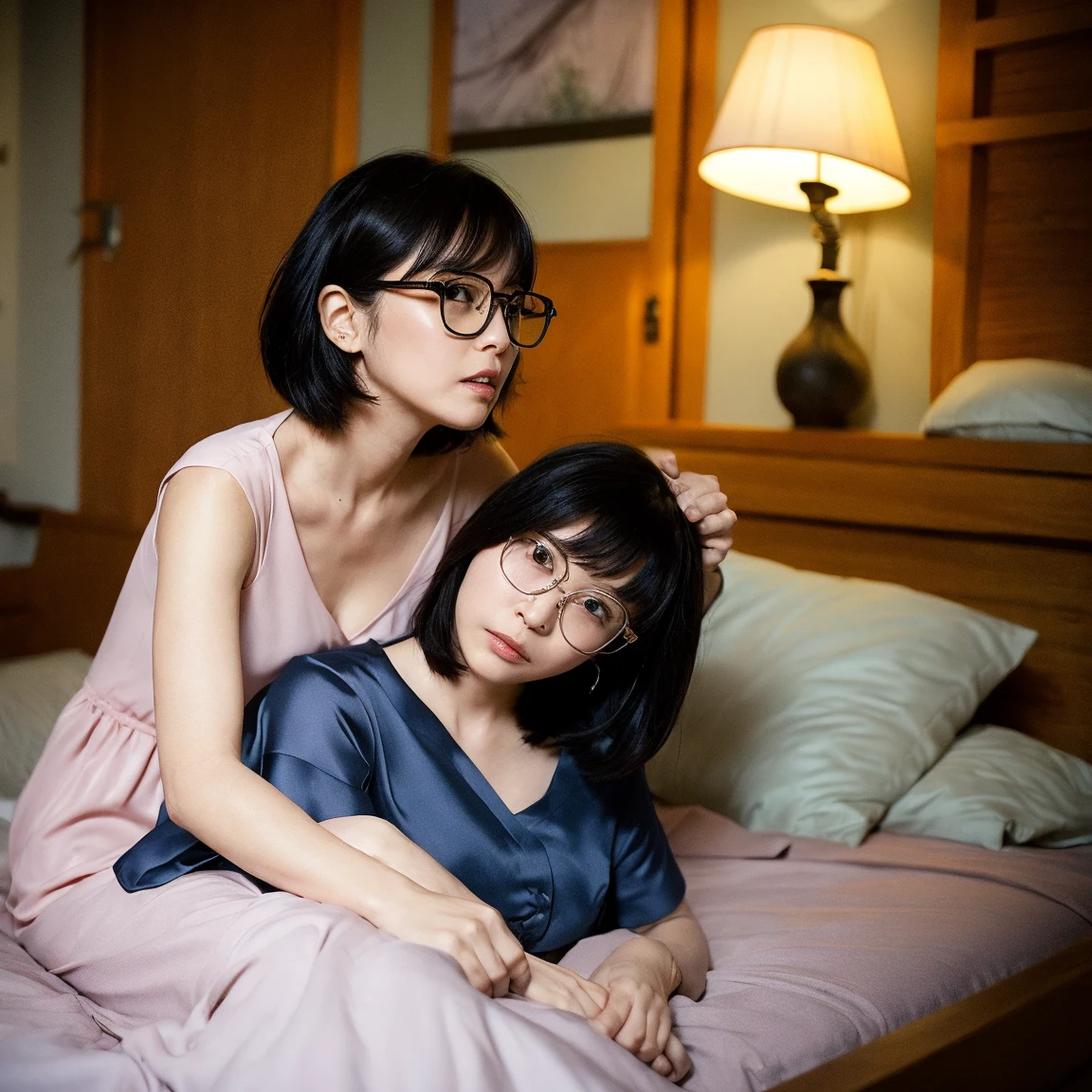Photorealistic, (close up:1.3, exposed face), wide angle, (seen from below), a Japanese young woman with a surprised expression, mouth open, wearing wet (long sleeve floral t-shirt:1.2, oversized t-shirt, hotpants), a hyperrealistic beautiful young woman with grayish blue eyes in glasses, natural sagging round breasts, high detailed official artwork, slim fit body and busty posture, long legs, attractive young woman, (attractive sitting poses:1.3, crossed arms holding the round breasts up), sitting on a bed with soft, messy blankets in a cozy bedroom, natural light coming through a window, rainy day, dubnitskiy david fanart, realistic portrait, smooth photorealistic, perfect visual of a cute woman, cute woman with soft skin and delicate facial features, face focus, expression of surprise, makoto shinkai and artgerm style, photon mapping, warm color tones, vivid colors, cozy ambient, serene atmosphere, 8k and 4k resolution.