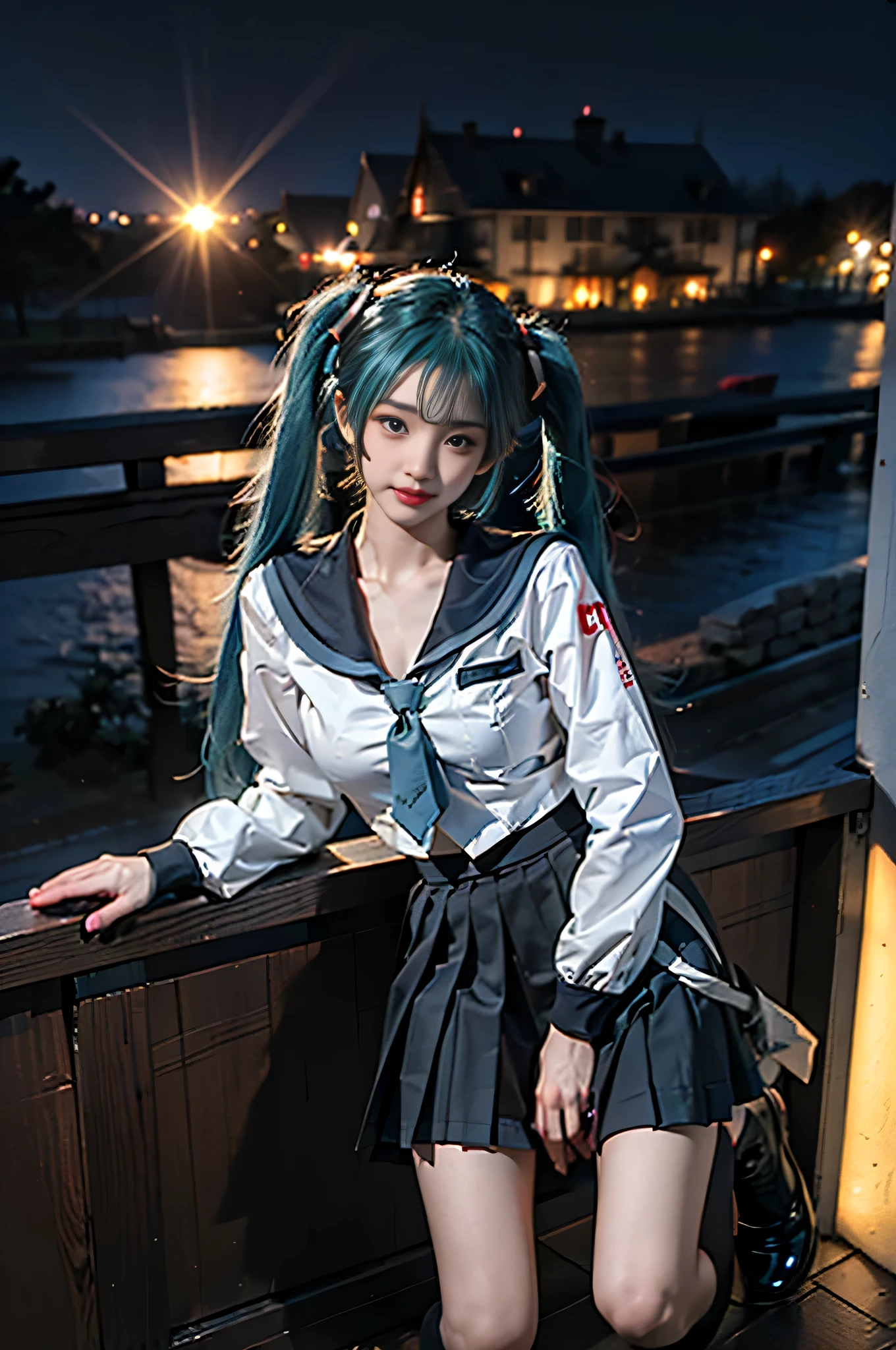 hatsune miku, cosplay, aqua hair, twintails, hair ornament, very long hair, headphones, alternate costume, , sailor collar, serafuku, shirt, long sleeves, necktie, skirt, pleated skirt beauty, Beautiful woman,Have a perfect body:1.4,Layered Hairstyle,((Big breasts)), ((D cup)), Visible cleavage,Bare shoulders, Highly detailed face and skin texture,Double eyelids,Skin Whitening,Long hair,Whitening long legs,Standing by the sea, Fashion girl, Red lips, Sweet maiden, Beautiful makeup, detail, lifelike, Very detailed, amazing, beautiful, Young and energetic, high quality,High Definition, rich and colorful,Exquisite, Smooth skin, The skirt is short, Lift the skirt with your hands, Elegant and charming posture, Official Art, Extremely detailed, Movie atmosphere, Soft colors, Natural skin texture,