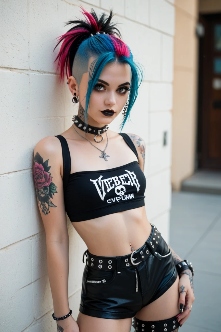 masterpiece, best quality, UHD-HDR 4k, highres, extremely detailed 8K wallpaper, 1girl, rock star,, hair between eyes, bangs, medium breasts, slim waist, cleavage, collarbone, jewelry, ponytail, makeup,intricate details,(multicolored hair:1.5) , fingerless gloves,, (tattoo:1.3) black jacket , red combat boots, (rose tattoo), (skulls tattoo), gorgeous eyes and beautiful face, (freckles:1.1), green eyes, collarbone, thigh gap,light makeup, vivid colors, on street,, looking back., crop top, corset, pleated skirt, torn legwear, socks