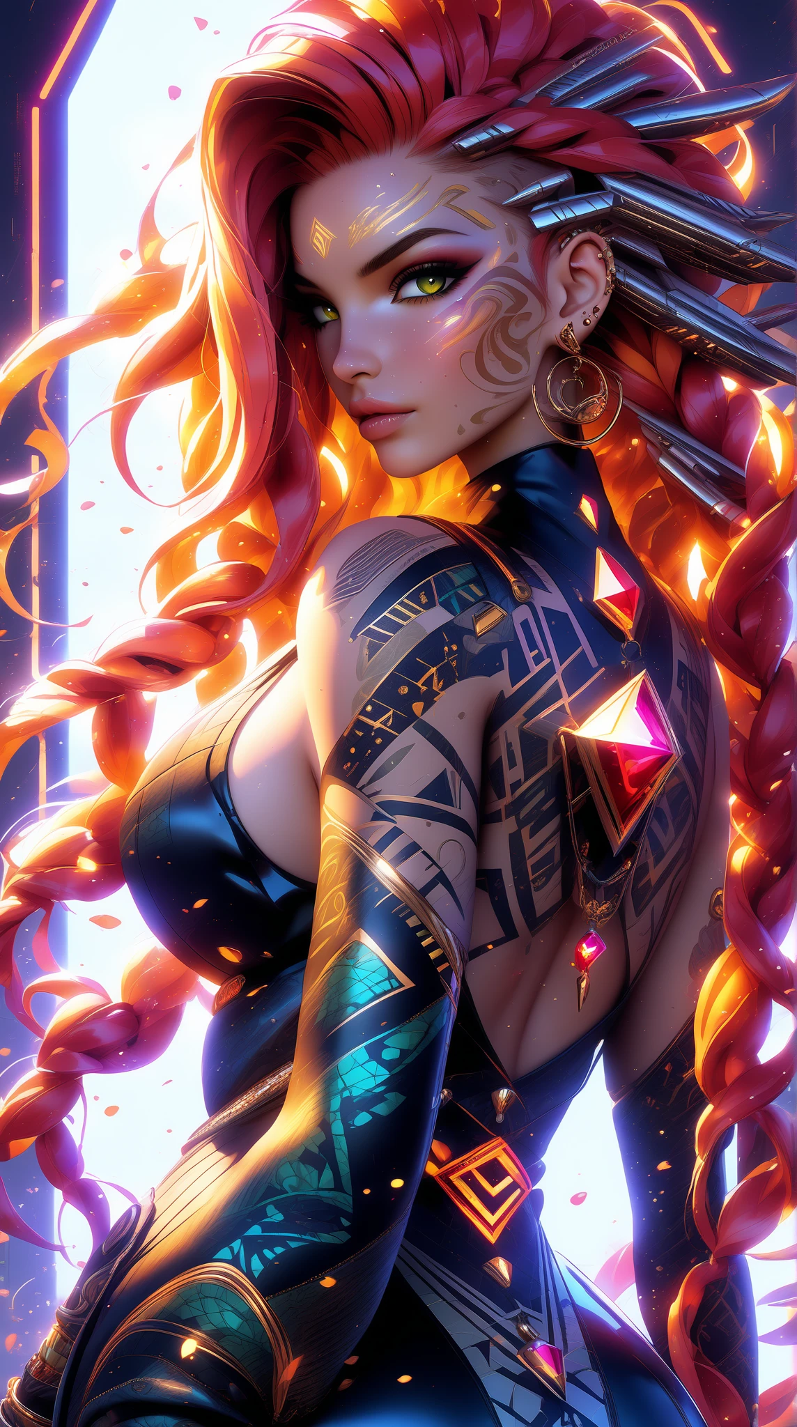 Textures: 1.5, orange and blue: 1.1, white: 1.3, yellow: 1.3, (redhead woman), sexy, tattoos, (power puffer clothes: 1.2), 3d graffitti, abstract, lines, background circles, by Adam Hughes, art by Jay Anacleto