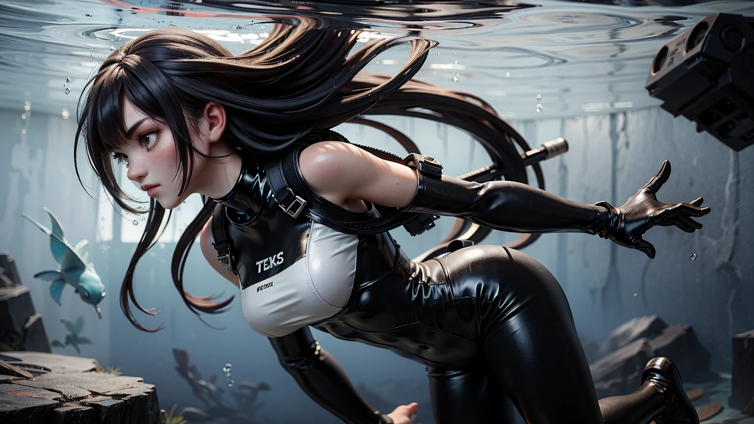 (obra maestra) (La mejor calidad) A spectacular image in front of the protagonist in a third-person image at a somewhat elevated angle. En un arrozal, A ninja with supernatural powers runs through the water with a small sword in each hand.. She wears her very long hair tied in a ponytail with curly strands flying behind her giving a beautiful sense of speed........
