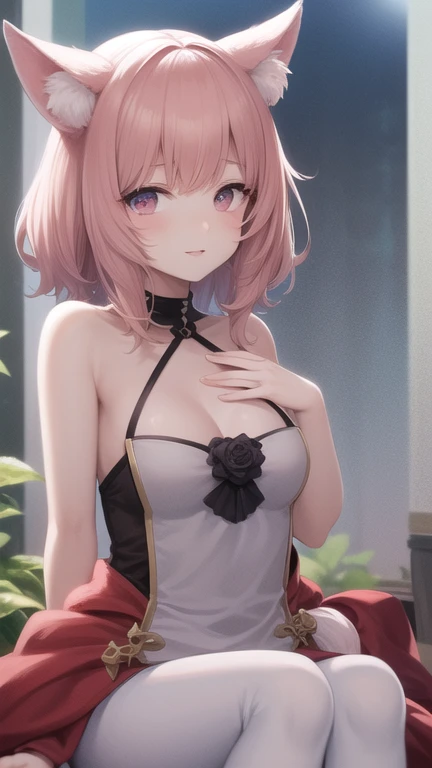 ((1girl)), ((alone)), ikaros, ((extremely detailed CG unity 4k wallpaper)), (masterpiece), (ultra quality), (ultra detailed), (best illustration), (best shadow ), (extremely detailed), looking at viewer, (absurdities), (detailed background), curvy body, dynamic pose, cowboy photo, large breasts, medium waist, wide hips, wide thighs, round butt, (( ,expression stoic, blushing, short hair, salmon pink hair, hair between the eyes, green eyes, two stories, ribbon, robot ears, light pink wings behind the back, choker, chain, bare shoulders, white dress, navel, cleavage , pleated skirt, suspenders, bare thighs, seductive, standing, backlight, arms crossed, arms under the breasts, ((only)), ((standing: 1.4, outside, garden, pink flowers, plain, clouds, ( sexy, closed mouth, sexy pose), looking forward, ((focus on waists), point of view: (from below), perfect anatomy, perfect hands,