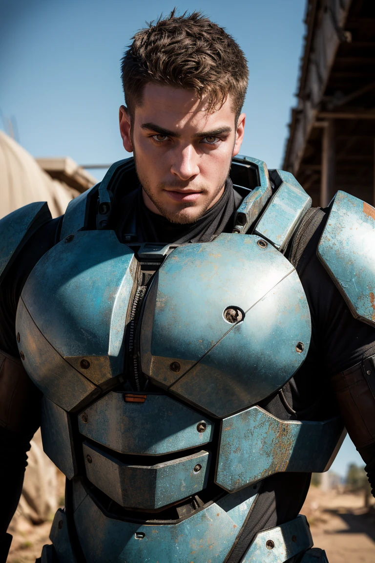 a man wearing a worn mech suit, (30 years old), chiseled jaw, (rusted metal), sharp focus, photo by mark henderson, soft lighting, vibrant colors, (glowing blue robot eyes), face portrait, (extreme face close-up:1.3), upper chest, science fiction, (large-muscles), (large pectorals), (puffy nipples), beard, dynamic angle, (angry), cinematic photography, pectorals, abs, (from side:0.8), looking at viewer, (huge-muscles), (large pectorals), (puffy nipples), best quality, masterpiece, extremely detailed, intricate details, dynamic pose, surreal, romantic painting