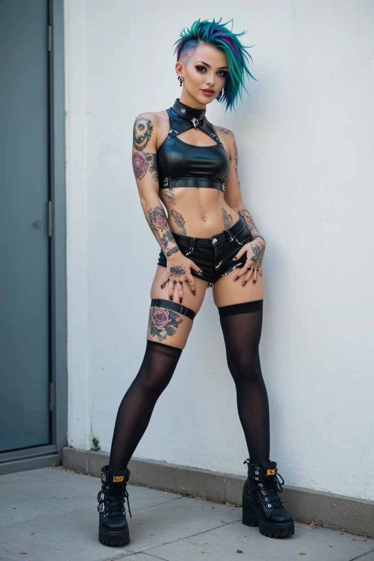 (punk-goth-glam:1.4), (american:1.3), (redhead), beautiful woman, striking blue eyes, striking a glamorous pose, silver jewelry, bondage chains nails spikes, shiny latex, stocking, large chocker, (((tattoos))), professional photography, faded colors, highly detailed skin, film grain, fujifilm polaroid kodak, soft natural lighting, desaturated soft color grading, soft focus,, bodybuilder abs, spread legs, (high heels), (curled-up position), seated legs-up position on a rock , forest, destroyed stone wall, (medieval castle), giger , (skinny:1.2), (petite:1.2), (thin waist:1.2), (small:1.2)