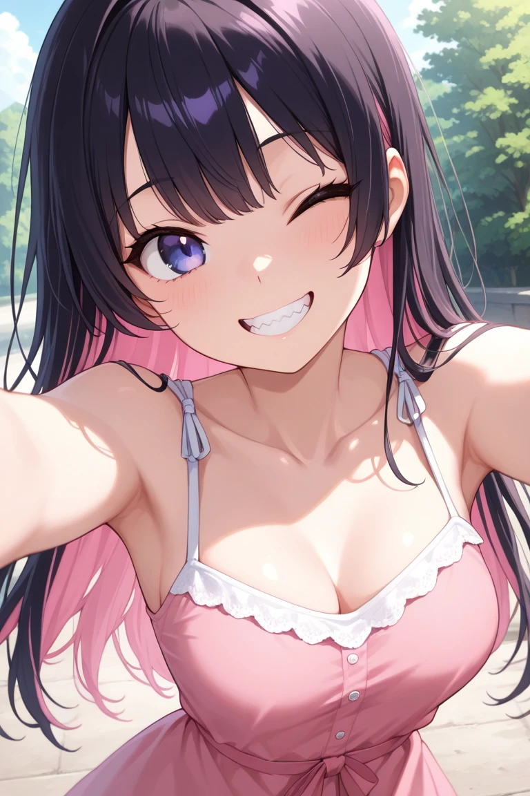 pieces fly、highest quality、High resolution、nffsw、perfect pixel、1 girl、cute、perfect body、anatomically correct、beautiful eyelashes, realistic eyes、smile、((White Pink Bra))、((White pink panties))、wearing only underwear、smooth texture:0.75、outdoor blue sky、I can see your pants、Bra visible、Overall bright、cinematic light、black hair、ponytail、brown eyes