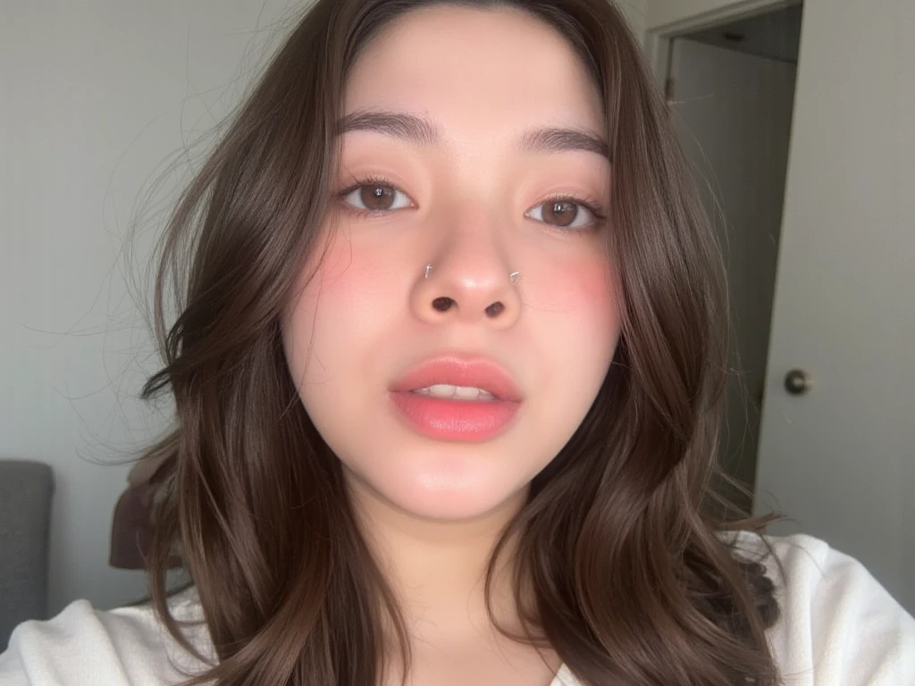 araffed woman sticking out her tongue in a bedroom, she has a cute face, 18 years old, with cute - fine - face, thick lips, small heart - shaped face, amanda manoppo, small lips pointy nose, she has a cute expressive face, with round cheeks, clear cute face, ayahausca, 1 8 yo