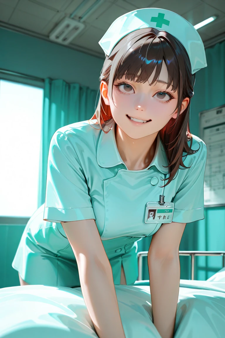 takagi-san adult, brown hair, brown eyes, parted bangs, ponytail, solo, nurse, ((white nurse cap, white nurse's outfit)), ((white legwear, zettai ryouiki)), white gloves, smile, open mouth, standing, hospital room, sharp outline, short sleeves, best quality, masterpiece