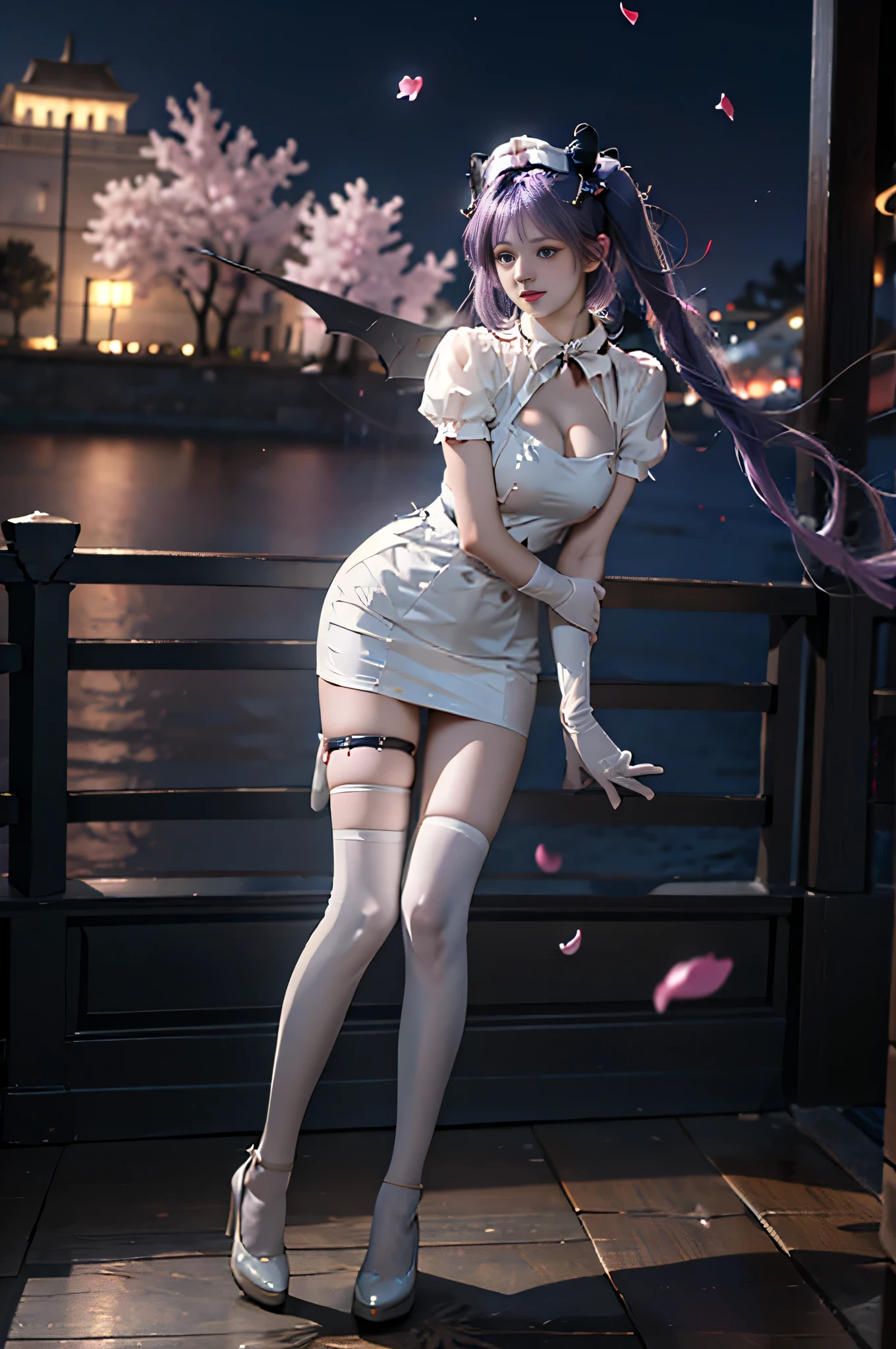 best quality, masterpiece,, Illustration, Wallpaper,1girl, solo, Emma stone, white shirt, black skirt, light hair, semi-long hair, beautiful detailed girl, extremely detailed eyes and face, beautiful detailed eyes, shy, natural_lighting, glow,nsfw, clean sky, looking at viewer, outdoors, night sky, star (sky), loafers, black pantyhose, blue bowtie, straight hair, purple petals, purple and blue flowers, red pupil, ponytail, blue ribbon,white hair, thick_thighs, large breasts, breast out, chubby, red eyes,