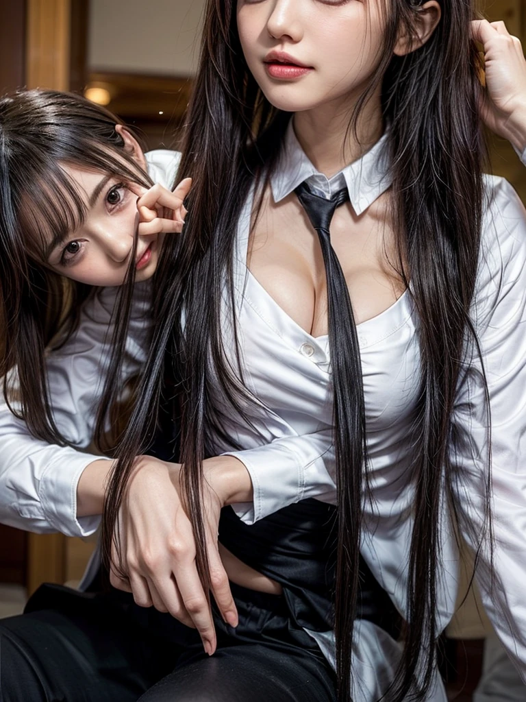 Two beautiful and adorable Japanese supermodel cosplayers brutally abuse a man。、 Feather tightening、girl kicks guy in the vitals、white cyber dress