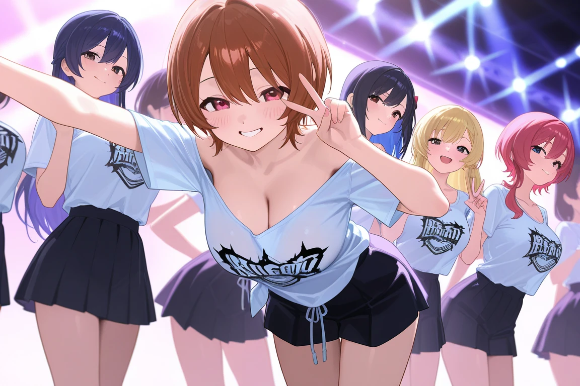 ((masterpiece、Highest quality、Official Art))、snap shot、Idol Concert、Concert Stage、(3 to 5 cute naked girls、12 years old、smile、sing、dance、Ribbon headband、Ultra mini skirt:1.2、Idol Costumes:1.2 )、Exposing the breasts、Hair of different colorr.々Hair style、(((Full nudity、?????、cute)))、(Sweat a lot、Glowing Skin)、Anime key visual, ((The characters are unique))