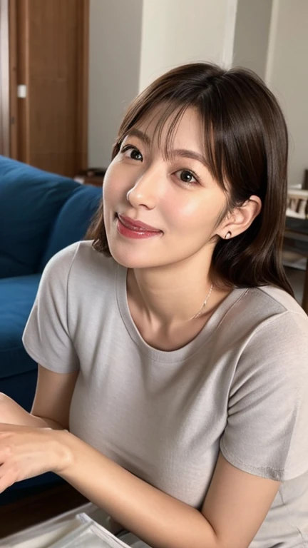((Medium shot scenes、Two-thirds of the body is standing))Highest quality、masterpiece、Ultra-high resolution、(Photorealistic:1.4)、Japanese women、48-year-old woman，smile，Wavy brunette hair、silk、Long Flared Skirt（Huge breasts：1.4）、Stand on your own two feet：1.2，Vibrant Street，get wet，A little chubby：1.2，straight body，A little chubby face：1.2，Wrinkles around the eyes，Wrinkles at the corners of the mouth，Perfect body，
