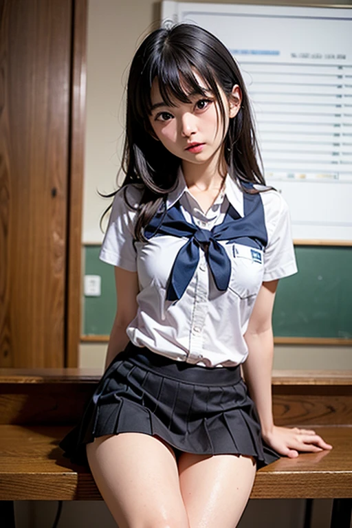(Highest quality、Tabletop、8k、Best image quality、Award-winning works)、1 girl, very cute, Great face and eyes, (Beautiful lovely smile), (Very detailedな美しい顔), Bright and shiny lips, Keep staring at me, so beautiful, (Dark blue pleated skirt:1.3)、(White polyester shirt:1.3)、 (Big Breasts:1.3)、(Accentuate your body lines:1.1)、(Voluptuous body:1.1)、(Highest quality:1.4), (super high quality), (Very detailed), (Surreal, Realistic:1.37), Realistic skin texture, 精細なCGを盛り込んだ8k壁紙, RAW Photos, Professional photos, Cinema Lighting、Dark Blue Skirt、loafers、Knee-high socks、(School classroom background:1.2)
