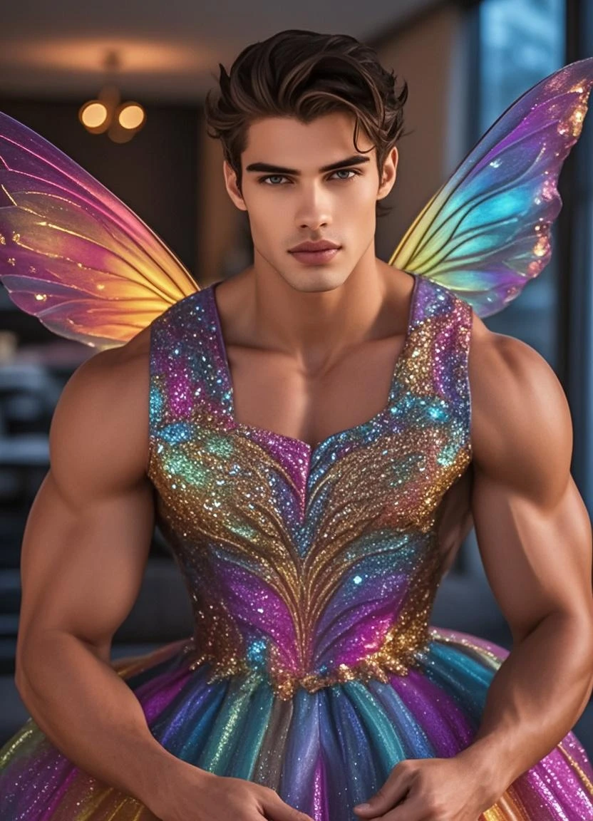 (8k,photorrealistic RAW photograph top-quality;1.4) (1 young boy) Super handsome king of the underworld (lifelike face) (Short curly rainbow hair) slenderbody Hairy, macho, muscular guy Large pink eyes Aristocratic rainbow butterfly outfit Butterfly decoration Fangs peeking out of the mouth Pointed claws a seductive gaze Beautiful expression A hyper-realistic (King of the Underworld) appealing (real looking skin) 超High resolution high détail Luxurious rainbow pants Butterfly aura emanating from the body effect butterfly wings