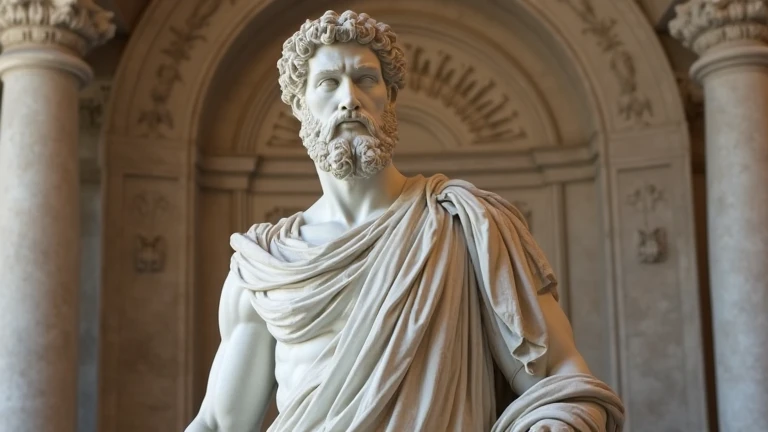 A realistic white Greek marble statue of Marcus Epicurus carefully detailed wearing a ghostly toga, fundo neutro, Moody, , fotorrealista, Jantar de cinema atencioso, super detalhada, Hiper realista, luzes brilhantes, 8 mil