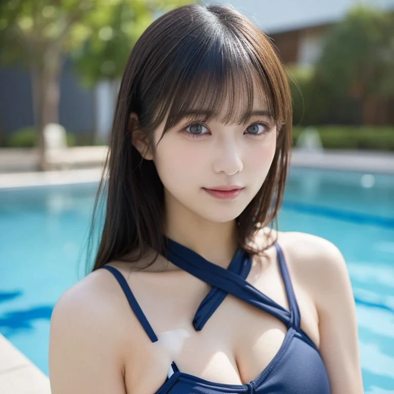 Tabletop, Highest quality, shape, Very detailed, In detail, High resolution, 8k wallpaper, Perfect dynamic composition, Beautiful attention to detail, dress,Medium Hair, Center of chest, Natural color lip, Random sexy poses,smile, Luxury hotel night swimming pool background、20-year-old girl、Huge 、Too much exposure、shoulderless knit(Random colors)、Expose your breasts、Slid、I keep my hair tied