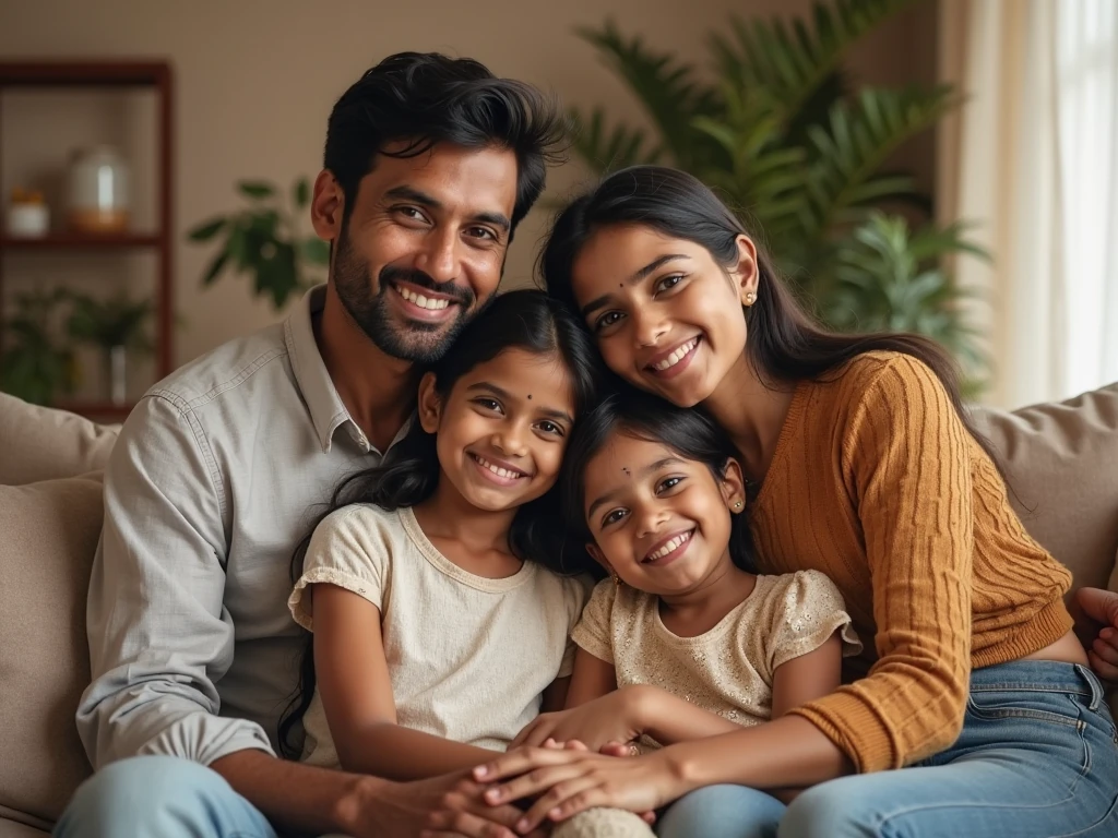 Family of 5 members( mom dad 2 sons and a daughter) watching television