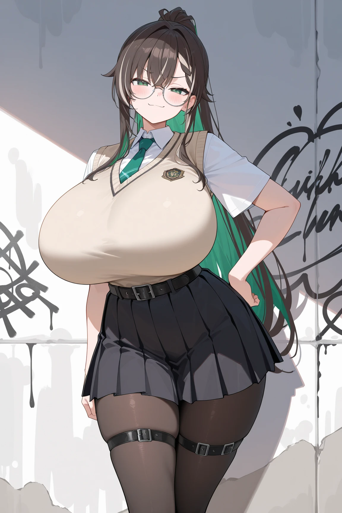 18 year old girl, with turquoise blue hair with green and pink streaks, pink eyes with stars, pale skin, hourglass body, thick red lips, a beautiful face, big tits, with a wet and transparent white blouse and a short black skirt