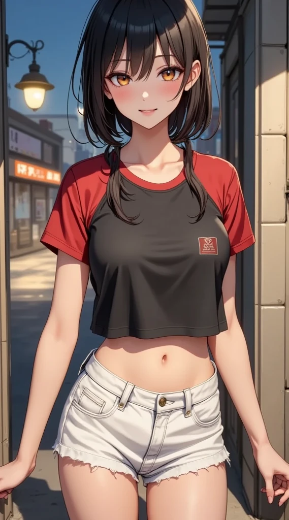 最high quality、Best image quality、masterpiece、girl((18-year-old、 By becoming、Best Bust、???????????,Wide open ?????? tea、Red glowing eyes,Black Hair、Red Mesh、Disheveled Hair、Lointail、thin,The highest valley、Open ?????、Luminous Wristbands、hair ornaments、Show the whole body,Black short sleeve T-shirt、Wear a shoulder bag、Short denim trousers、Leaning forward、smile、Disheveled,Hands on ????、turn around)),high quality、Beautiful art、background((Beautiful sun、sunlight、Urban facilities、squirt))、Flight、Flying debris、Written boundary depth、movie、Visual Arts、Perfect art、8K,Genuine,