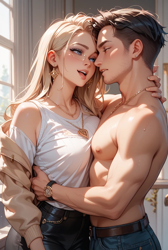 (full-body view))), ((girl and man)), ((dark fantasy)),((handsome boy grabbing girls ass)), ((girl riding on a man)), mature male, 30-ish, (wide shoulder), ((no chest hair)),man with short black Quiff hair with Soft Fringe, (bangs part on side 3:7 ratio), blue eyes, upper body, short hair, looking at viewer, parted lips, round eyewear, wet hair, open black shirt, long sleeves, showing a bit of muscles,(( girl with wavy hair, pale skin, long light blond hair),((light blue eyes)), freckles,(girl 16 years old),erotic posing,Gothic background, Dark fantastic view,Best Quality,masutepiece,8K,The ultimate detailed dark background, Top image quality、RAW photography、超A high resolution，cropped shoulders, overall look is very erotic, model shoot, round chest, Beautiful Eyes of Details、Very slender eyes、Beautiful eyelashes、Very slim physique, with blush cheeks, bedroom background