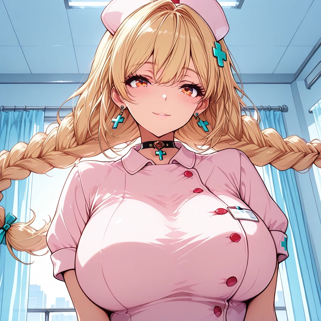 1girl, blonde hair, blush, breasts, cleavage, collarbone, hat, id card, lanyard, large breasts, long hair, looking at viewer, mole, mole on breast, mole under eye, name tag, nurse, nurse cap, open mouth, pen, pov, purple eyes, smile, syringe