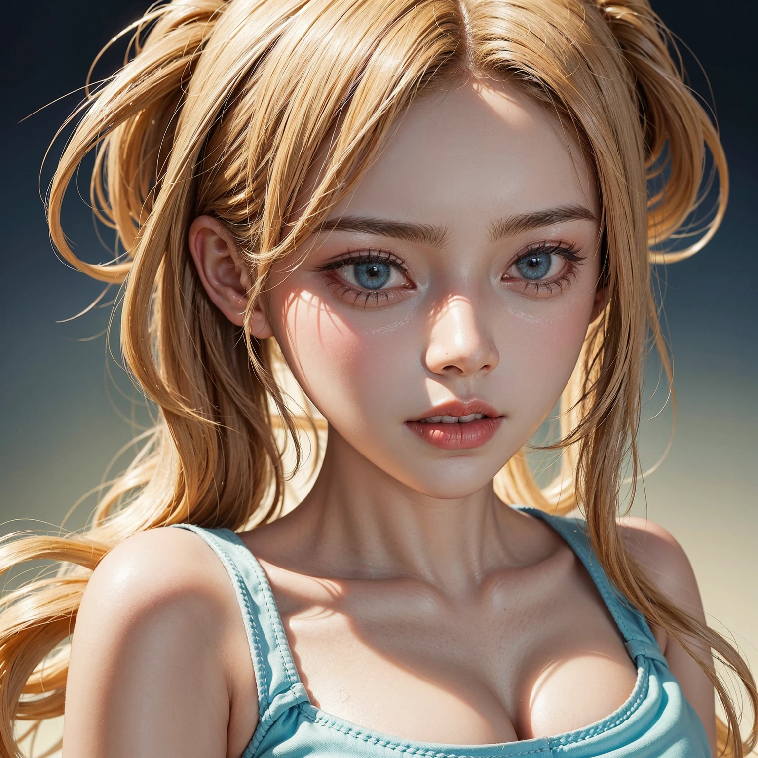 (Masterpiece, Professional lighting, 16k, 8k wallpaper, raw photo, photorealistic:1.8, ultra detailed, natural  lighting, detailed skin, detailed face, detailed eyes), 1 beautiful girl, long curly blond hair with bangs,  necklace, blue eyes, sexy gaze