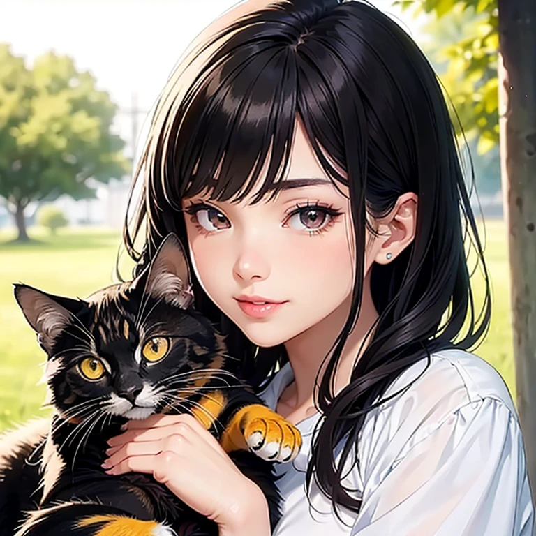 an 8-year-old Caucasian skin-colored girl with long straight black hair and bangs, with hazelnut eyes, smiling with a realistic hue, wearing a fluffy white jacket and holding a cute gray kitten in her lap, in a small house surrounded by a beautiful garden