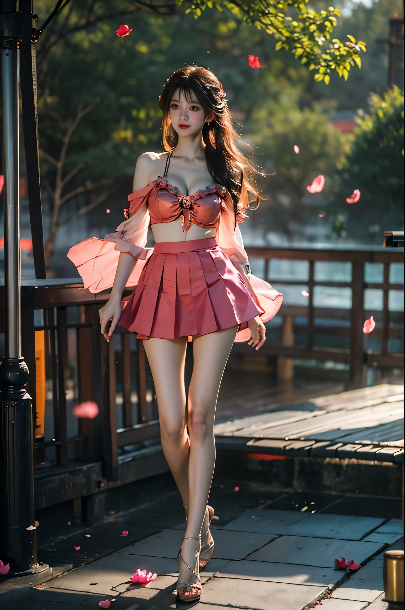 Crazy Sak ,, ((full body:1.4)), ((masterpiece, best quality, ultra highres, realistic:1.4)), (Random shooting Angle), mix4, (I-type Valley), beautiful detailed face, (photorealistic:1.37), (sexy long legs:1.2), slender figure, ((At the dock, Sit on the guardrail)), (Full breasts, large breasts, visible cleavage, and very short skirts), one leg extended, the other leg naturally bent at the knee, accurate and beautiful leg shape, exquisite face, one hand gently lifting the skirt, long hair blowing in the wind, soft shadows, depth of field, (detailed background:1.1), (ambient occlusion:0.3), (Many scattered petals, petals dancing in the air)