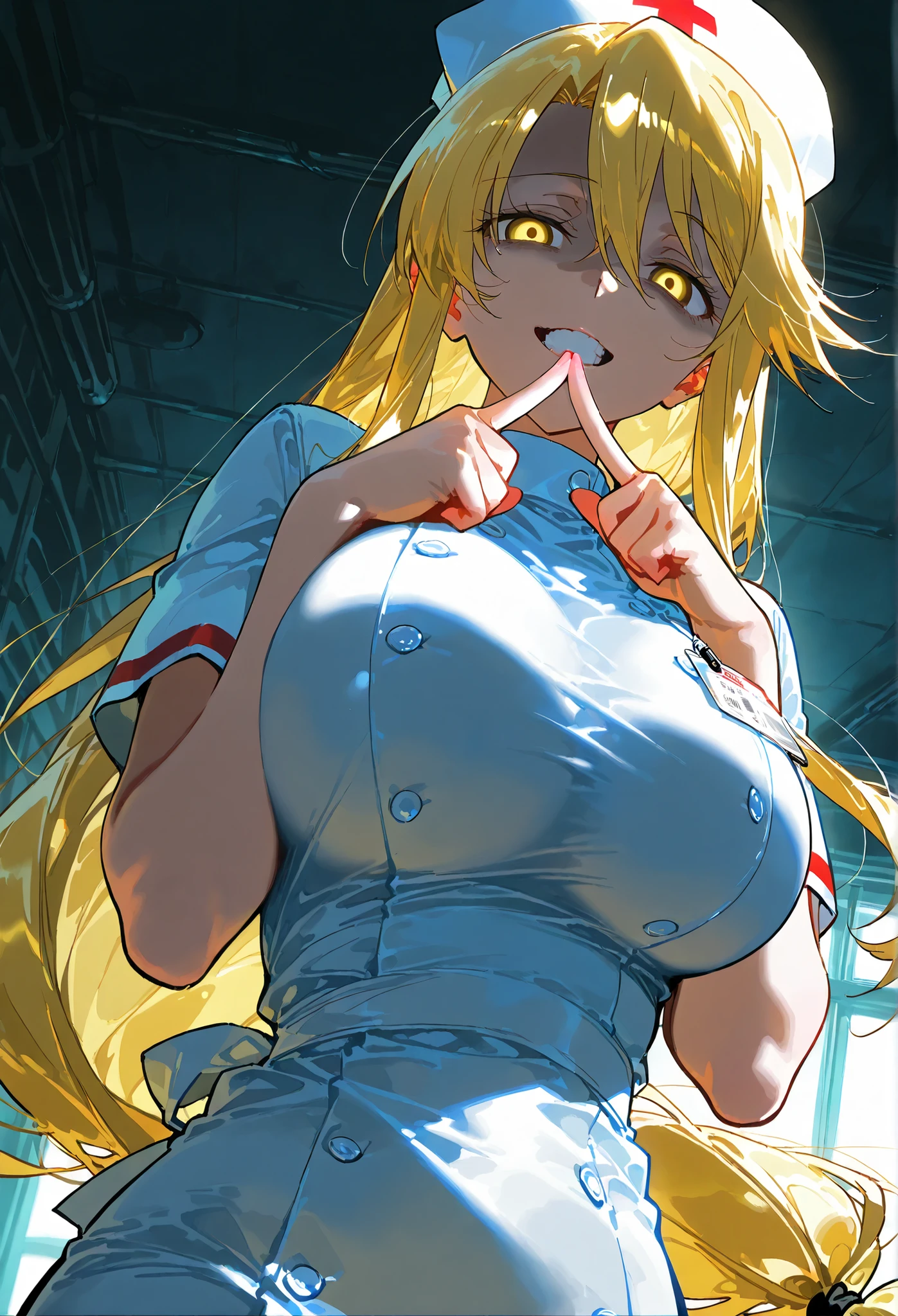 score_9, score_8_up, score_7_up, source_anime, 4K,perfect fingers,(perfect hands, perfect anatomy),prefect lighting, very aesthetic, intricate details,highly detailed background, masterpiece, high quality, best quality,
shizuka marikawa, long hair, blonde hair, very long hair, low-tied long hair, yellow eyes, hair between eyes, large breasts, mature female,
yandere、woman in nurse clothes shows off a syringe with blood, showing teeth and laughing suspiciously, Finger raising the edge of the mouth, Abandoned hospital, dark atmosphere, red and black tones, High precision in selection animation style, masterpiece, best details, High Quality, High precision in selection ,4K,8k,