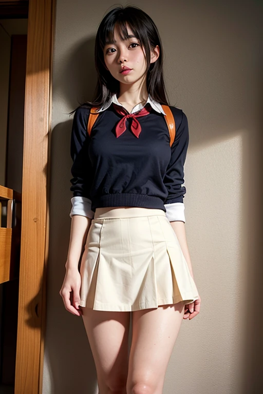 highest quality,masterpiece,8k,((((One girl)))),((Big Breasts:1.3)),orgasm,blush,Sweat,Twelve Zodiac Signs_Soon,Black Hair,short hair,((serafuku,White shirt,Black Skirt,mini skirt,Lift up your skirt,Under the skirt,White panties,Black knee socks:1.3))