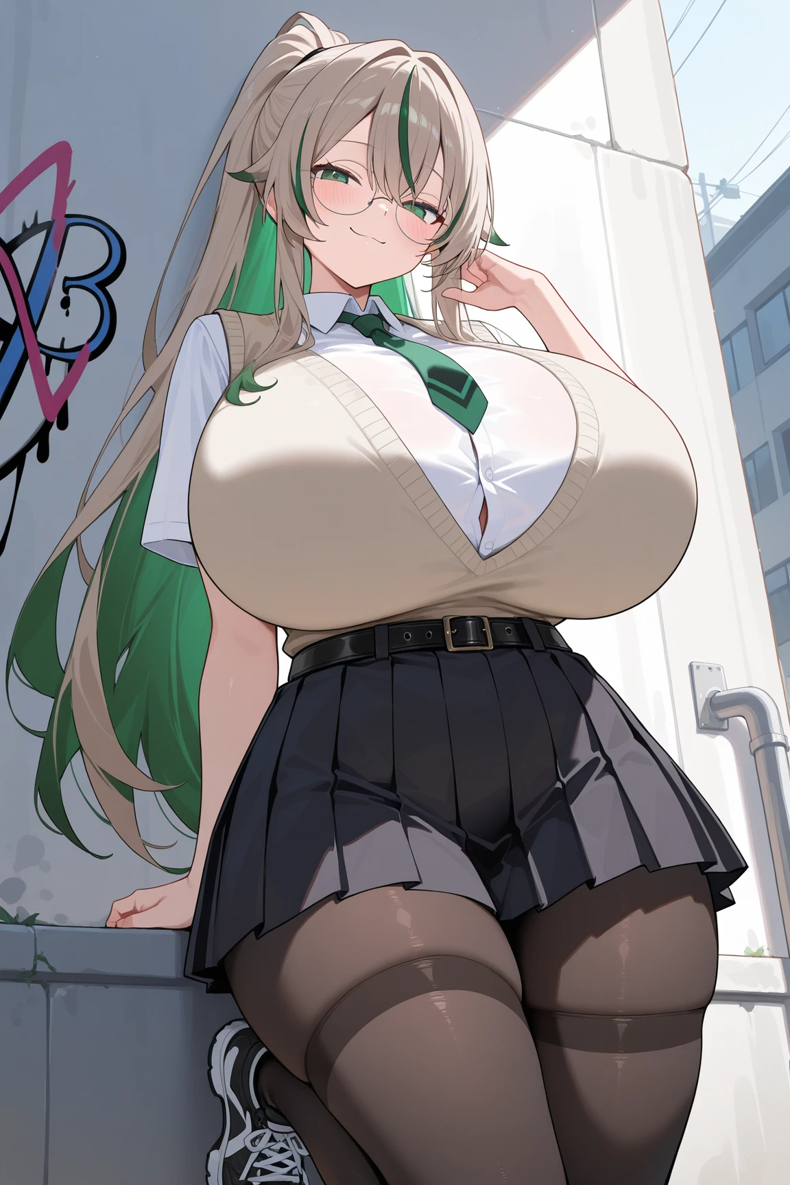 show off nipples,topless,huge breasts,masterpiece, best quality, highly quality ,Maya-Natsume-KJ, very long hair, , blue jacket, pantyhose, green plaid skirt , ahoge ,
