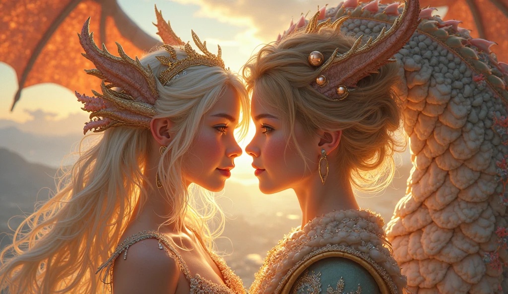 "A full-body shot of a realistic fairytale scene in a magical palace in a beautiful magical forrest, bathed in sunlighting."Beautiful pastel colour pallette." "A fairy queen with realistic striking big blue eyes with eye makeup and a serious, direct gaze at the camera with golden extra long hair." " A Fairy queen with golden-brown long curly hair in a thin light blue dress is dancing with arms up in the air." "Fairy queen doing hand stand with both hands on floor with her gold delicade fairy-crown, is hanging by the ends of her hair, wearing a thin blue/green dress, looking at fairy queen1 smiling with her perfect shaped pearly white teeth and pursed lips." "Twirling and dancing fairy princess with a long white hair in a sheer golden wet transparent dress outfit, big breasts, thin waist, big butt, looks provocative with her mouth almost sedusive at fairy queen 2 laughing." "The lighting is natural and bright, highlighting their features and casting a soft glow around their hair, creating a high-contrast effect that emphasizes the subject's presence. " "A white rapid sits in on a decorative dining table" "while a rainbow colored bird perches on the top of the thin royal thrown". The realistic scene includes a strikingly beautiful fairy queens in a beautiful and magical forrest palace. "The vast environment paints a magical but weird admosphere". # Configuration settings clip_guidance_scale = 20 # High adherence to the detailed prompt, emphasizing facial features hr_scale = 2.0 # High resolution to capture intricate details in the hair and face. hr scale =2.0 # Perfect human female body. Best hands 1:1, super realistic hair 1:1, hyper realistic eyes 1:1, extra detailed delicate moist skin, most detaled and realistic face 1:1. #A realistic stage with thorough details and clear focus on the queens.