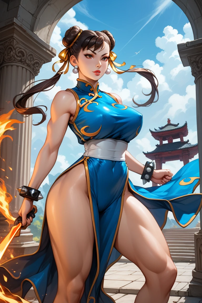 Young female warrior Wang Xiaomei, wearing a crop top Tang costume, huge breasts and thin waist and thick legs, beautiful and cute, sword eyebrows and stars, hanging legs and kicks,