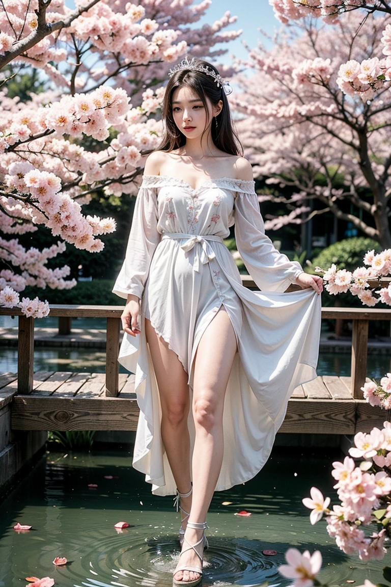 ((masterpiece)), best quality, 8k a slim chinese women, cute, pretty, loose clothes with long, large, sleeves. Under the long skirt was a pair of high-heeled clogs, some embroidery on them, in a plain garden