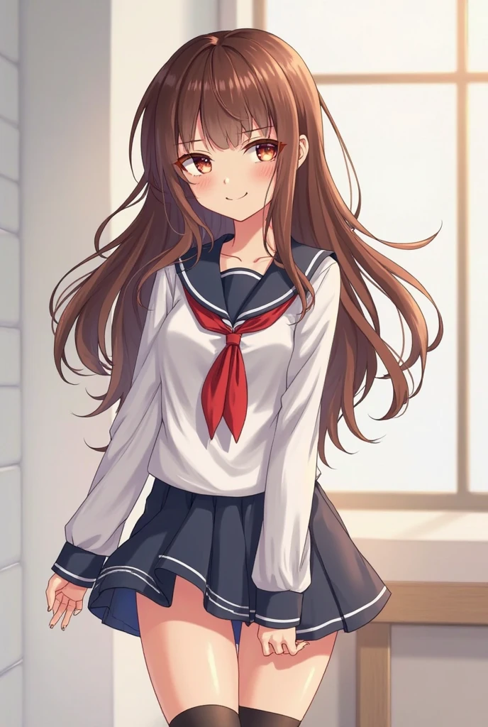 (((masterpiece, highest quality:1.5))),cowboy shot,20 year old beauty,solo,((very small head)),((very long body,long body)),dark brown hair,long ponytail hair,bangs,brown eyes,shy,medium breasts,slender body,skinny,gleaming skin,oily skin,sweat,White sailor suit、Short sleeve、Red cellar collar、Red neckerchief、Pleated red mini skirt、white_thighhighs、Academy、