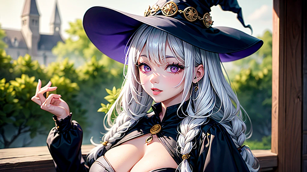 (UHD, retina, masterpiece, accurate, anatomically correct, textured skin, super detail, high details, high quality, best quality, high res, 1080P, HD, 4K, 8k, 16k), (beautiful detailed eyes, beautiful detailed lips, extremely detailed eyes and face), soft lighting, physically-based rendering, vivid colors, (((large breasts:1.6))), (witch hat, black robe, pendants), (portrait, shiny hair, shiny skin, blush), (green forest in summer, bokeh), eye reflection, (smirk:1.5), (purple hair:1.2),