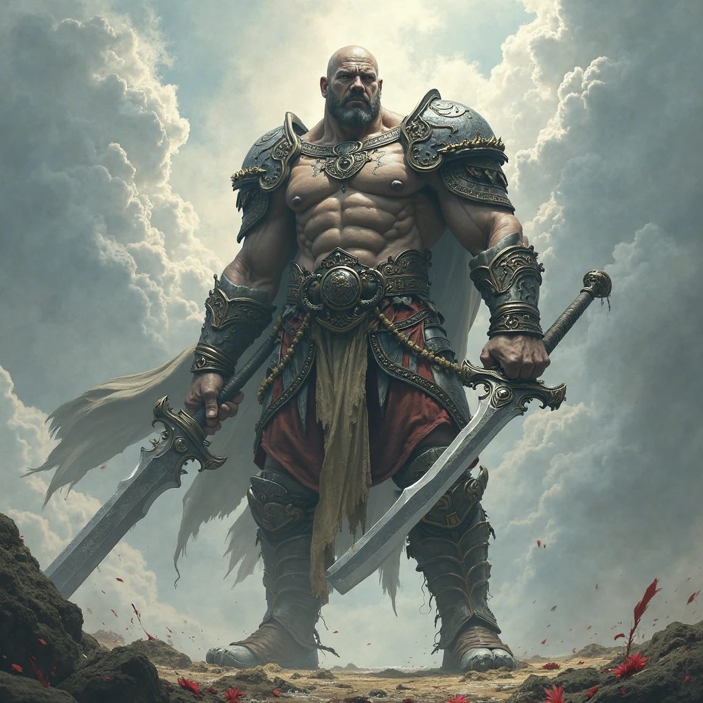 Tall, muscular, Old, Kratos, powerful, wearing a large, closed, black medieval armor and a long, red cape, standing in a field, holding a large war hammer with blood, Realistic, Full HD, best quality
