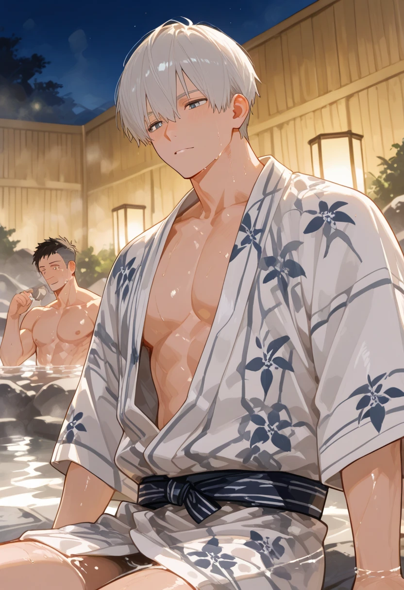 Two muscular men devour each other、cooking、liquor、Cherry Blossoms at Night、starry skies、full moon、A fun atmosphere、Completely naked