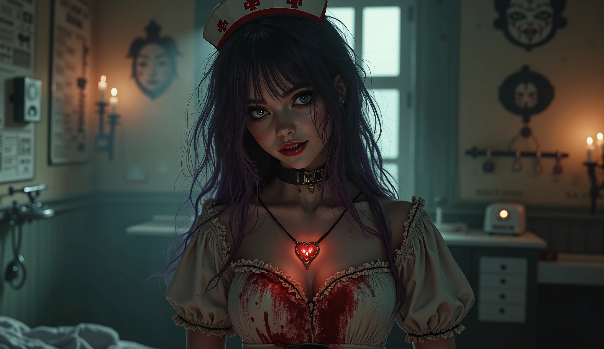 (Nswf), Undead evil nurse in a kneeling pose sucks a pennis of orc, (oral rape:1.4), (oral sex:1.3), (suck dick), violence, rape of mouth, coercion to oral sex, torn panties, hand on head