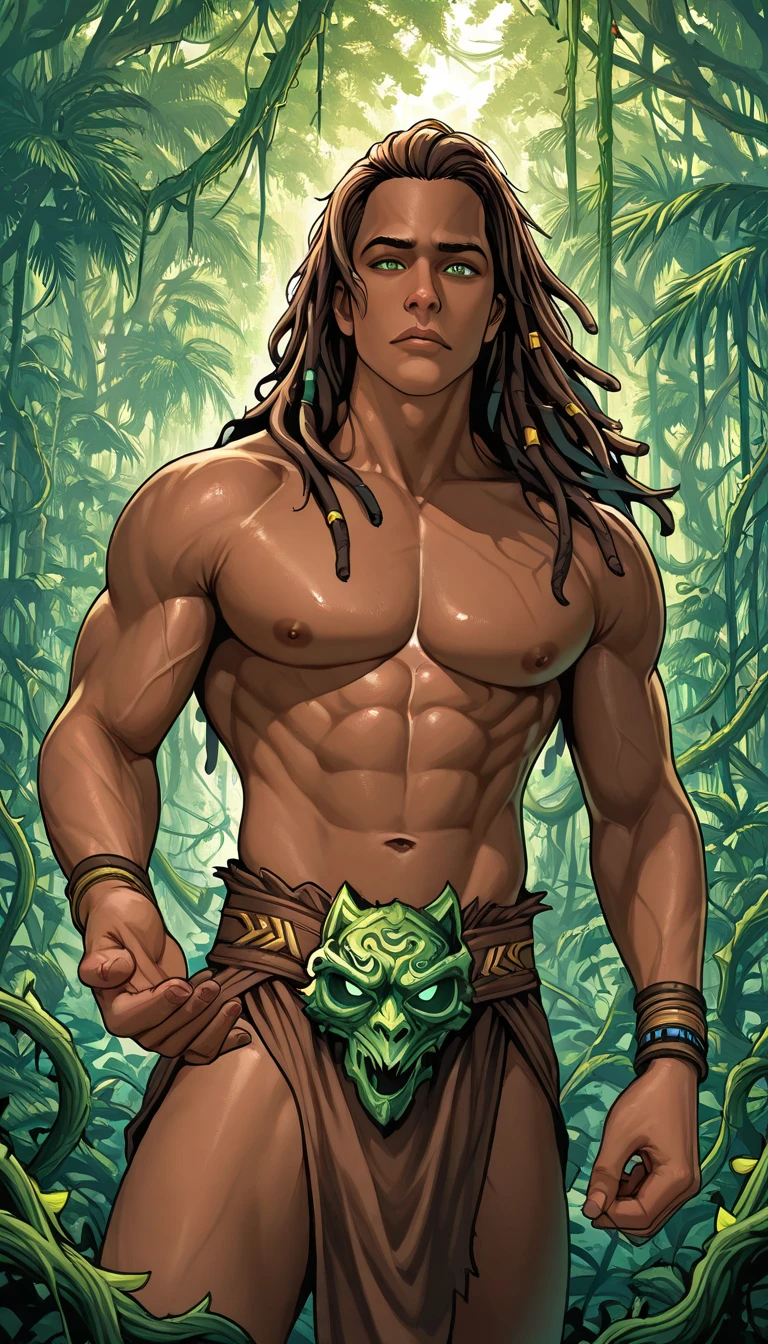 delicate animation style, in the jungle, (flying through the air with ivy like Tarzan), cool, wild, 1 boy, tan skin, detailed face and eyes, blue eyes, bright pupils, detailed hair, messy long hair, black hair, muscles, primitive clothing, (masterpiece:1.2), best quality, high quality,
