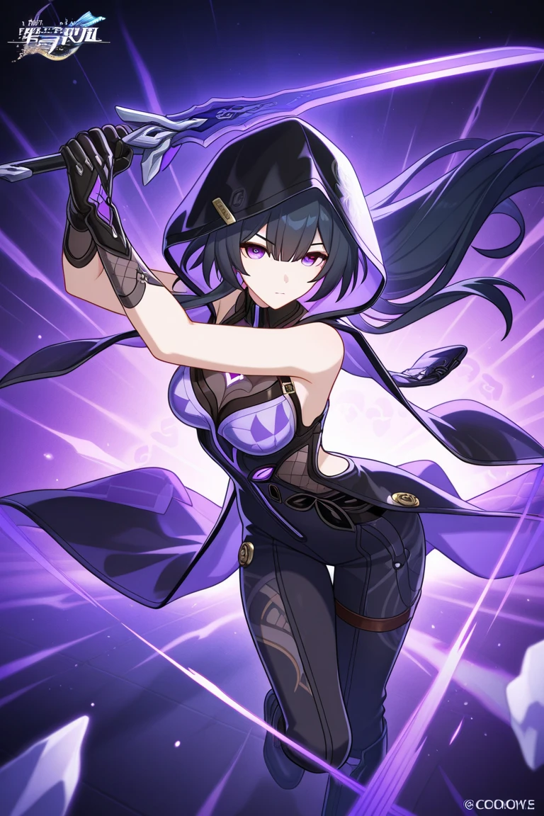 short hair,Girl with purple hair, Beautiful and detailed purple eyes,upper eye,(perfect anatomy, anatomically correct), Are standing,beautiful fingers, looking at the viewer,The clothes are mainly black