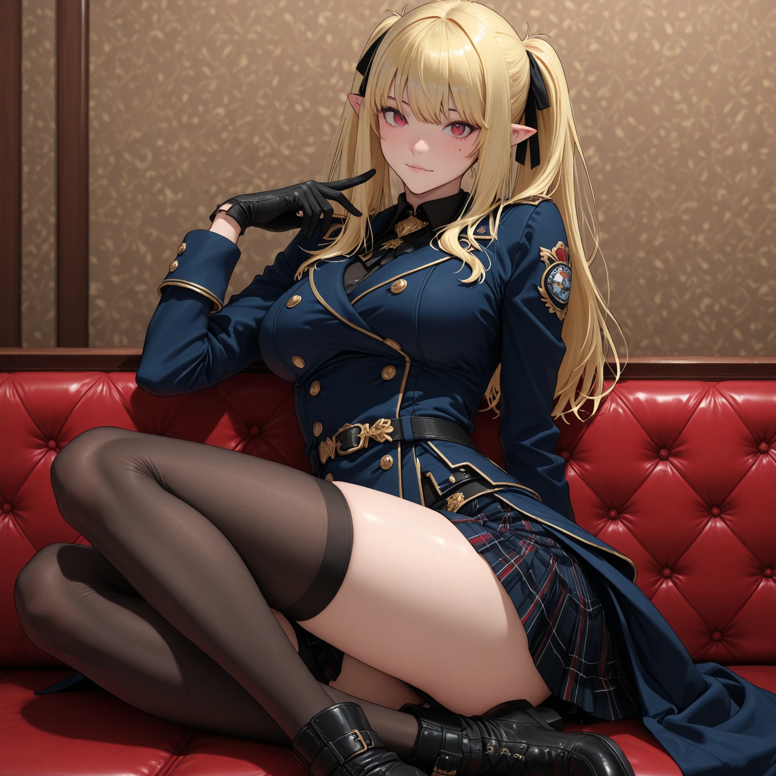 (masterpiece),Highest quality,masterpiece,Detailed Images,European flags,alone,20-year-old,Beautiful Face,Upper Body,Hair on one eye,Medium Sidecut, Blonde, Sharp focus,Black and red uniform,Tight Skirt,(High heels:1.5),